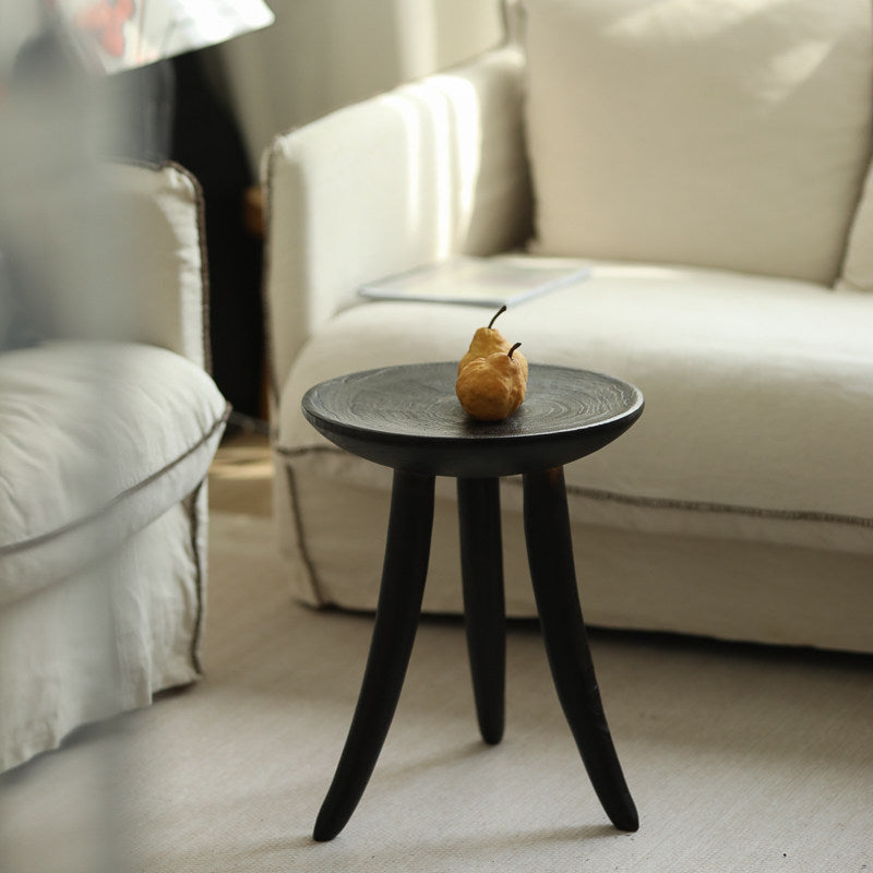 silenceafterrain - Round Solid Wood Stool & Side Table – Charcoal Black Wabi-Sabi Accent