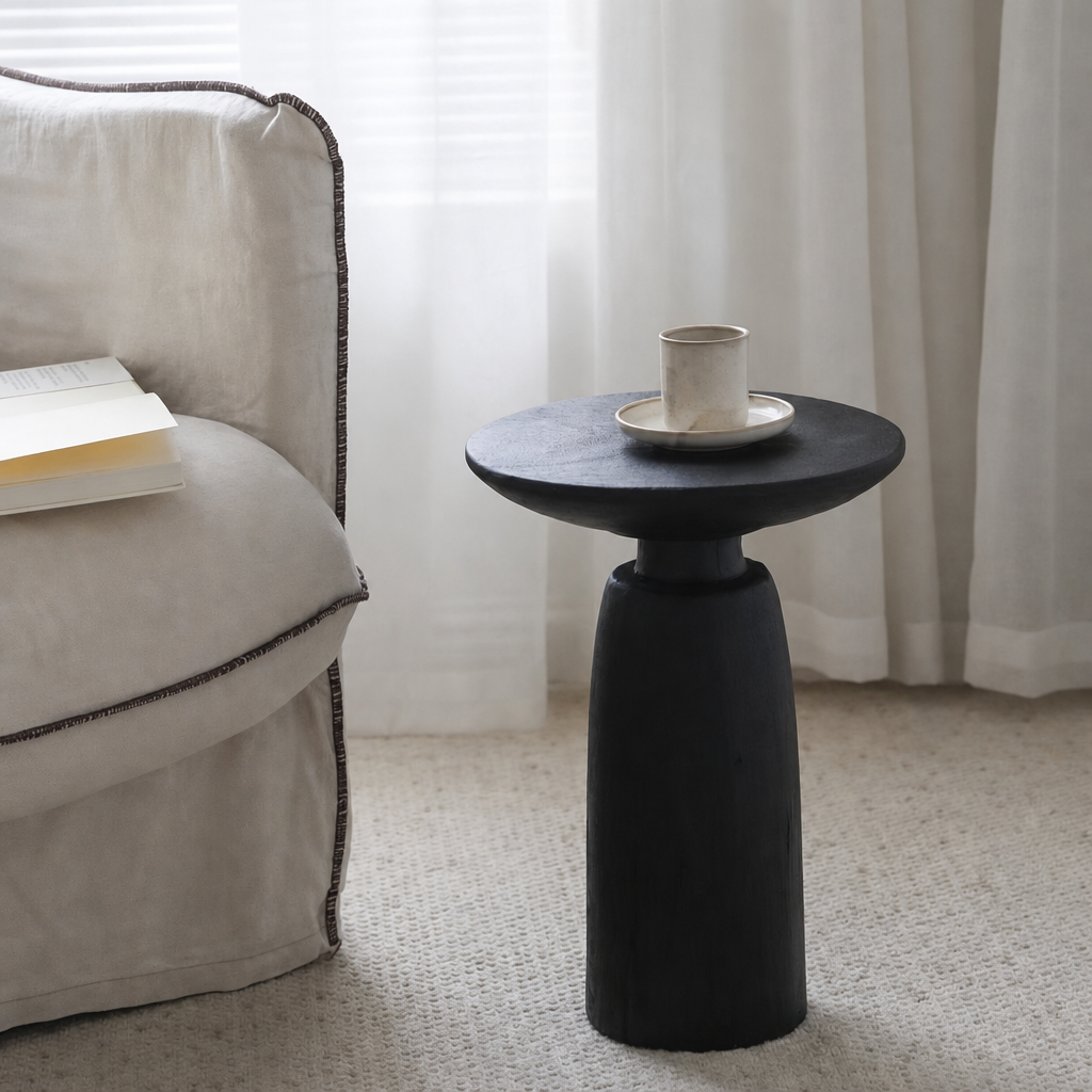 silenceafterrain - Sculptural Black Wood Pedestal Side Table
