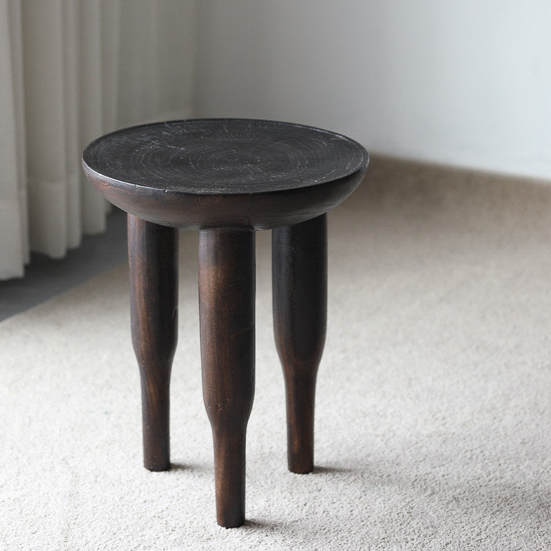 silenceafterrain - Vintage Round Solid Wood Stool – Charcoal Black-Brown Accent Table
