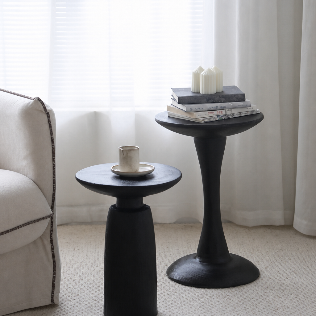 silenceafterrain - Sculptural Black Wood Pedestal Side Table