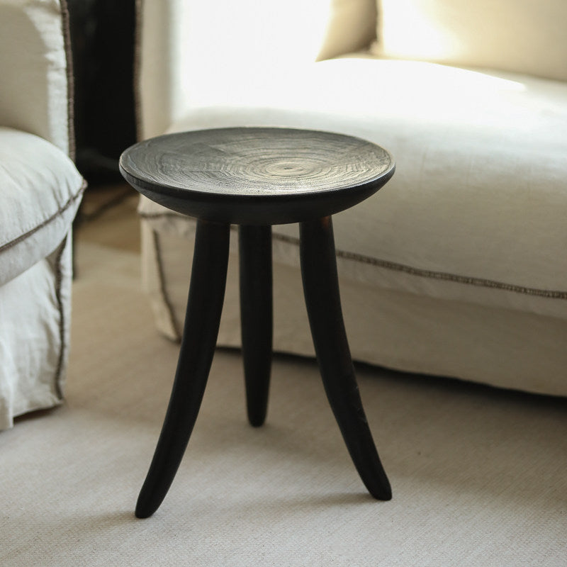 silenceafterrain - Round Solid Wood Stool & Side Table – Charcoal Black Wabi-Sabi Accent