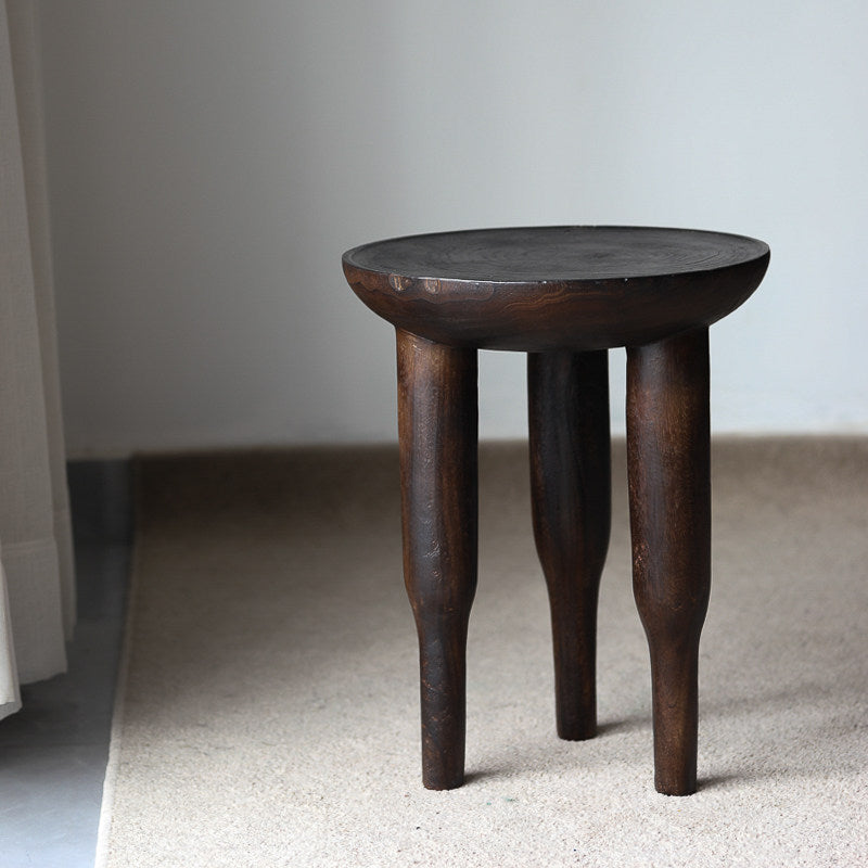 silenceafterrain - Vintage Round Solid Wood Stool – Charcoal Black-Brown Accent Table