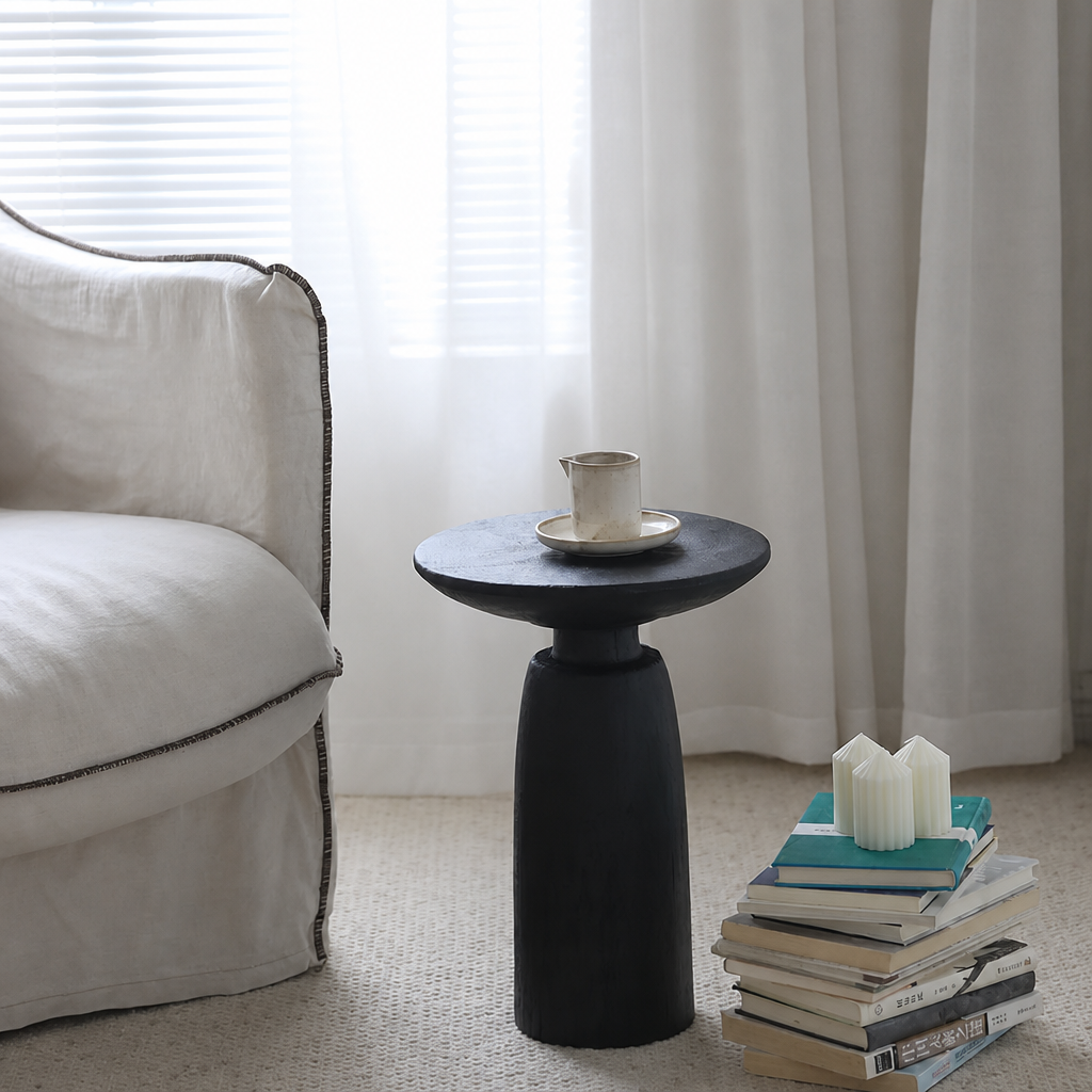 silenceafterrain - Sculptural Black Wood Pedestal Side Table