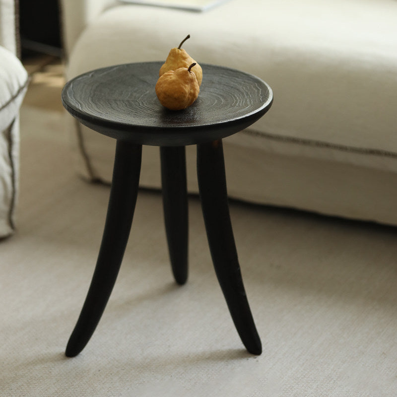 silenceafterrain - Round Solid Wood Stool & Side Table – Charcoal Black Wabi-Sabi Accent