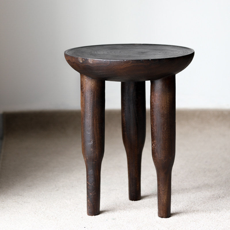 silenceafterrain - Vintage Round Solid Wood Stool – Charcoal Black-Brown Accent Table