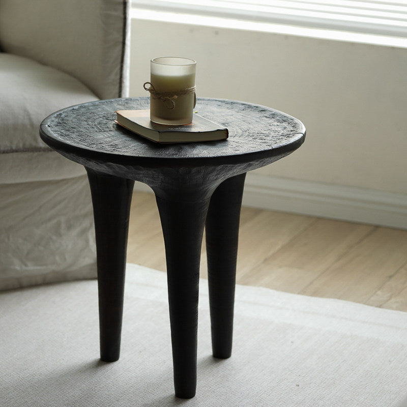 silenceafterrain - Round Solid Wood Side Table – Charcoal Black Wabi-Sabi Accent Table