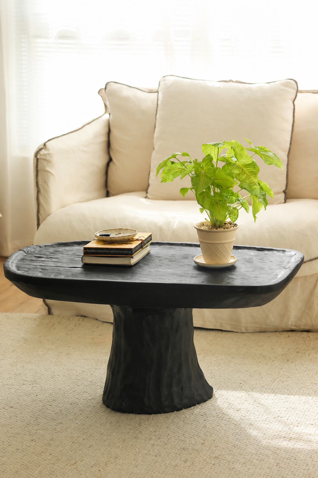 silenceafterrain - Sculptural Solid Wood Tea Table – Black Wabi-Sabi Coffee Table