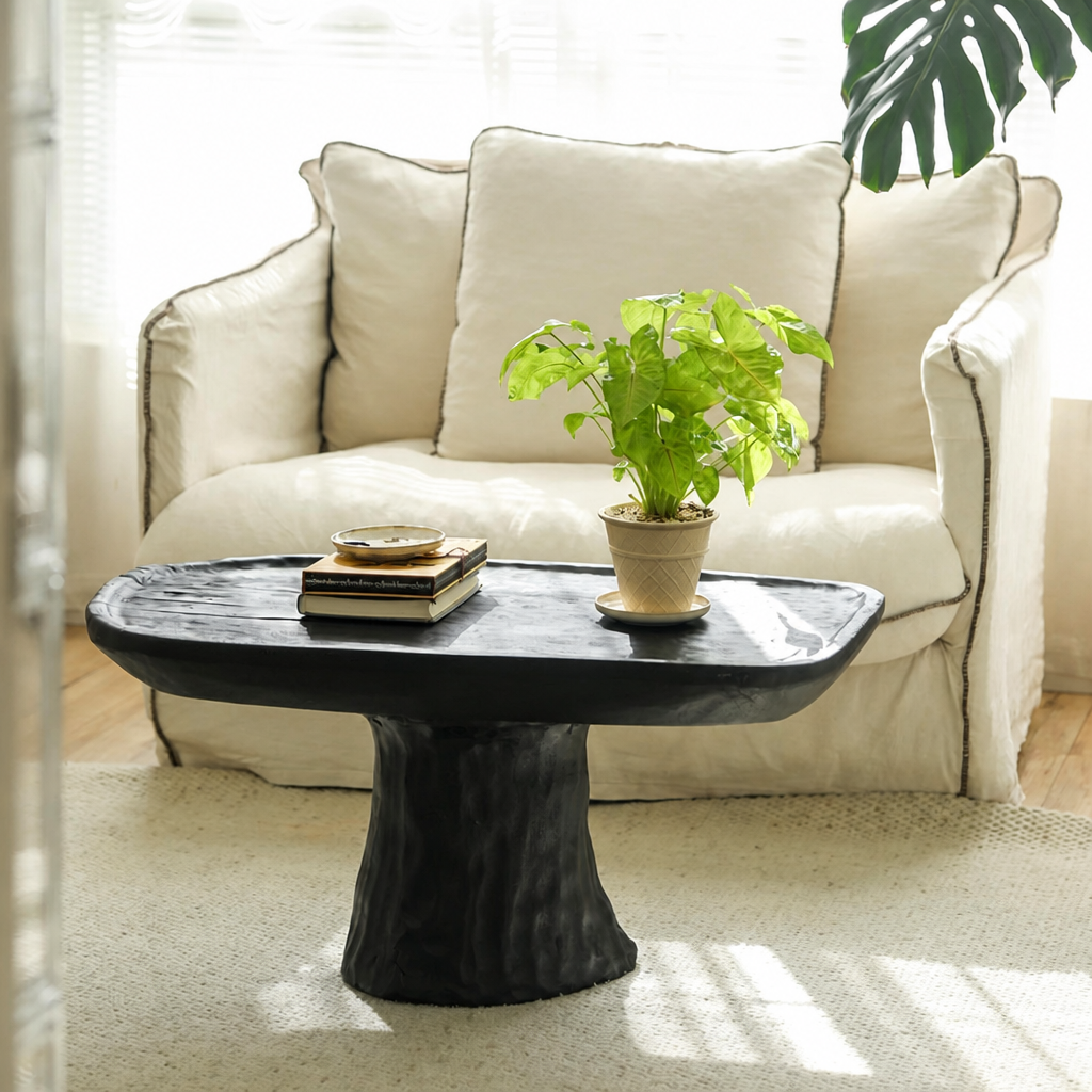silenceafterrain - Sculptural Solid Wood Tea Table – Black Wabi-Sabi Coffee Table