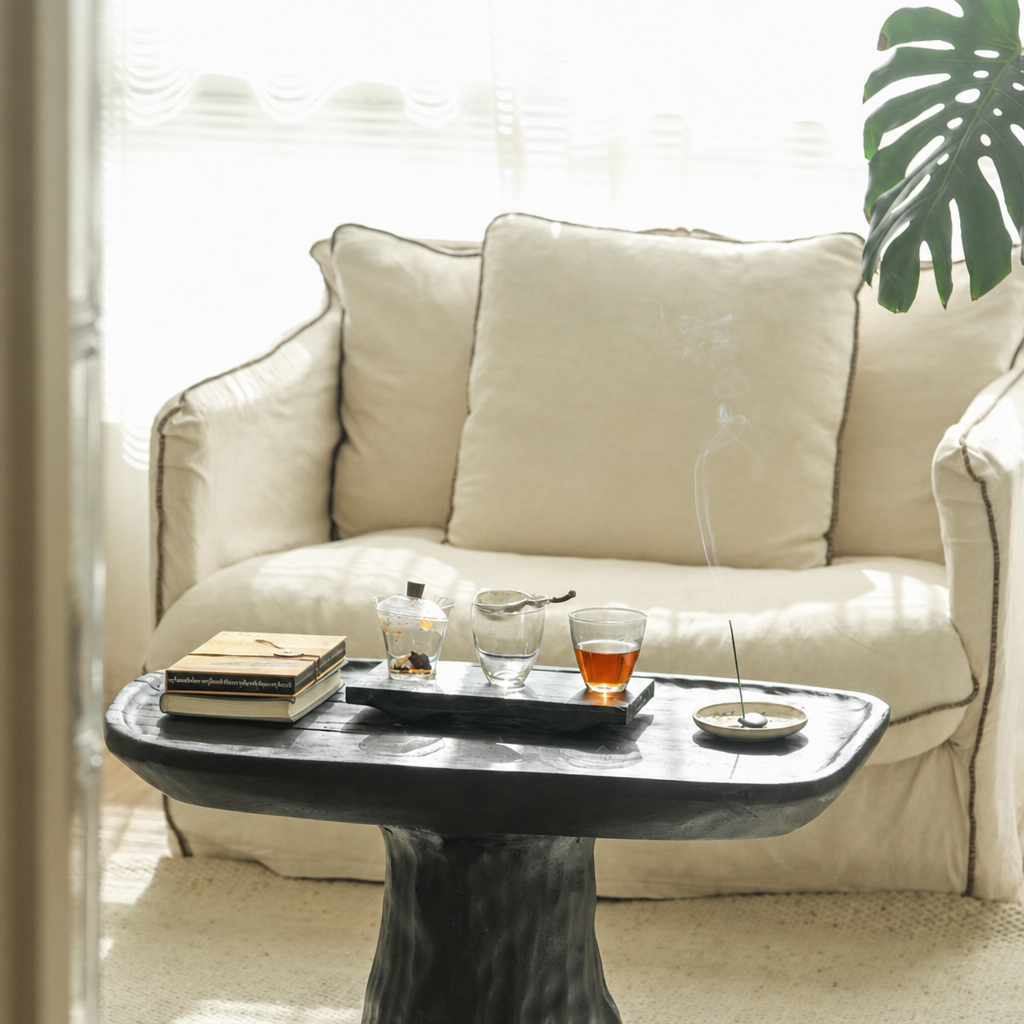 silenceafterrain - Sculptural Solid Wood Tea Table – Black Wabi-Sabi Coffee Table