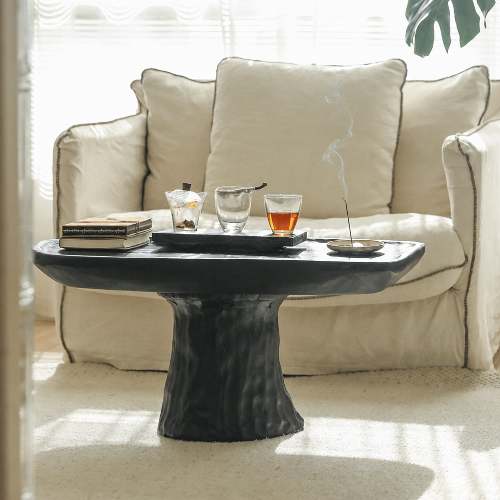 silenceafterrain - Sculptural Solid Wood Tea Table – Black Wabi-Sabi Coffee Table